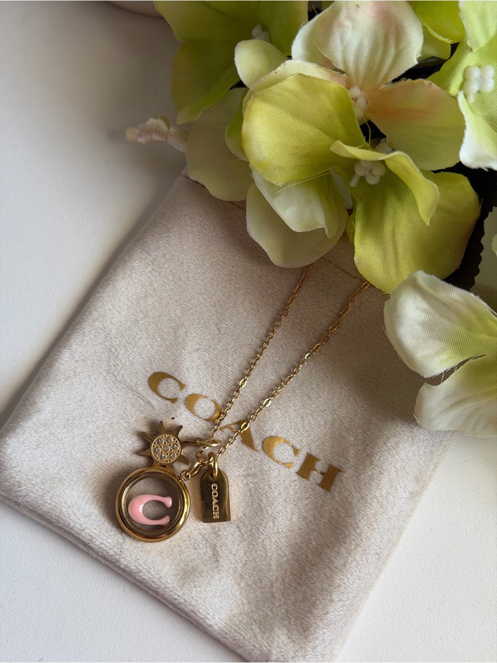 Coach Gold-Tone Necklace with Pink Enamel Pendant and Logo Tag